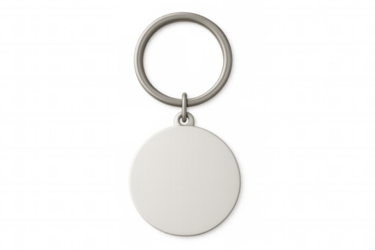 Metal keychain dangling from ring, offering sleek branding solution with clean transparent backdrop for professional personalization