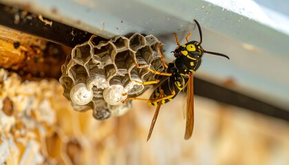 Close-up of a yellow and black insect clinging to a paper nest with hexagonal cells