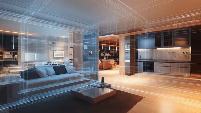 Modern apartment interior design with architectural wireframe showing structure
