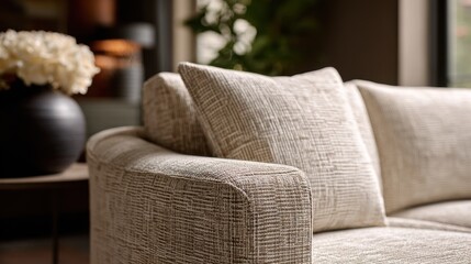 Tailormade upholstery fabric displaying fine woven textures on a furniture piece center fabric texture in clear focus while adjacent areas remain gently blurred.