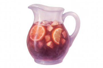 Watercolor painting of a glass pitcher filled with sangria, ice, and sliced oranges, isolated on a transparent background