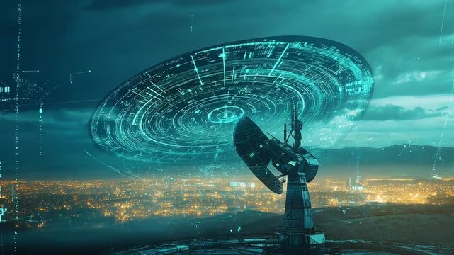 Satellite dish communicating with futuristic hologram over city at night