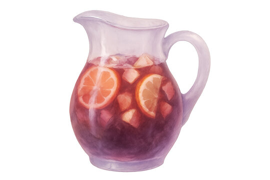 Watercolor painting of a glass pitcher filled with sangria, ice, and sliced oranges, isolated on a transparent background