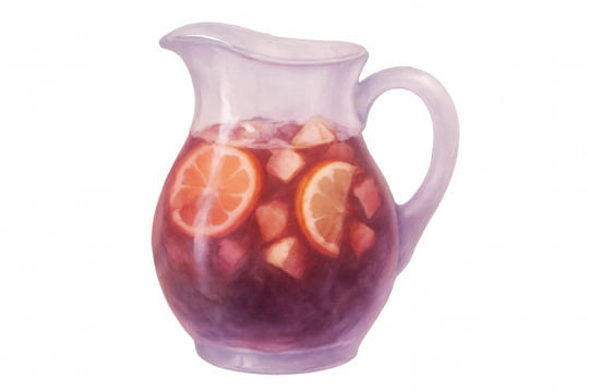 Watercolor painting of a glass pitcher filled with sangria, ice, and sliced oranges, isolated on a transparent background