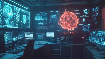Futuristic command center monitoring global pandemic with multiple screens displaying virus data - Powered by Adobe