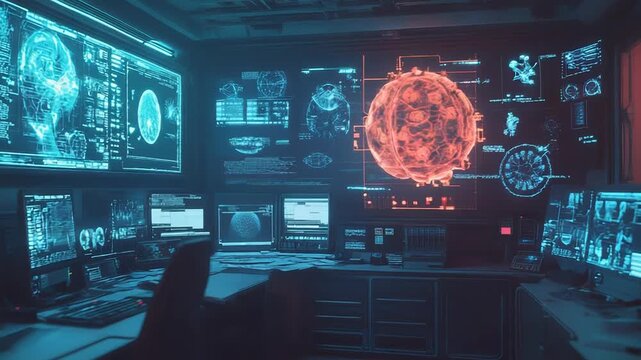 Futuristic command center monitoring global pandemic with multiple screens displaying virus data - Powered by Adobe