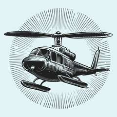 Vintage Helicopter Illustration with Rays and Retro Style Design