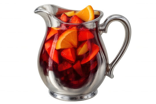 Glass pitcher filled with vibrant sangria, featuring sliced oranges and strawberries against transparent background