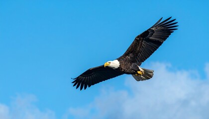 Obraz premium Majestic bald eagle soaring in a vibrant blue sky