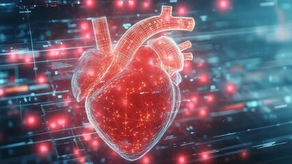 Red human heart model rotating on futuristic technological background - Powered by Adobe