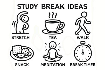 Study Break Doodles. Study break ideas: hand drawn doodles of stretch icon, tea cup, walk symbol, snack plate, meditation icon,