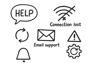 Tech Support Doodles. Tech support: hand drawn doodles of help bubble, connection lost, restart icon, email support, error