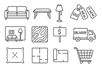 Furniture Shopping Icons. Furniture shopping doodle icon set: hand drawn icons of sofa, coffee table, lamp, rug, showroom tags,