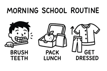 Morning School Routine. Morning school routine doodle set: hand drawn icons for brushing teeth, packing lunch, and getting dressed