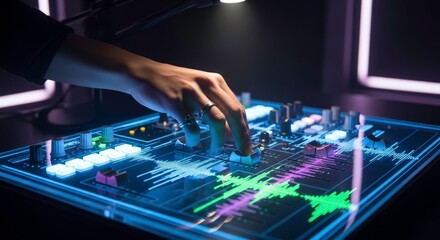 Closeup of a hand adjusting controls on a futuristic dj mixer with glowing equalizer displays, symbolizing music production and digital sound