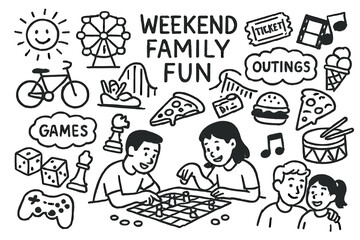 Family Weekend Fun. Weekend family fun doodle set: hand drawn icons for outings, board games, and bonding activities, isolated
