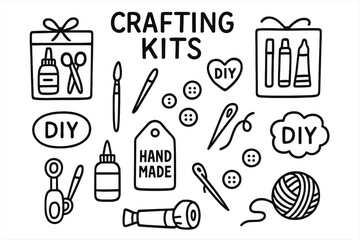 Obraz premium Crafting Kits Doodle Set. Crafting kits doodle set: hand drawn icons for bundled supplies, DIY labels, and materials, isolated