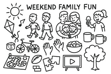 Obraz premium Family Weekend Fun. Weekend family fun doodle set: hand drawn icons for outings, board games, and bonding activities, isolated