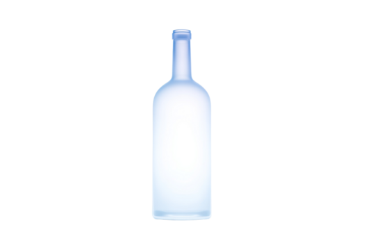 A clear bottle with a blue label