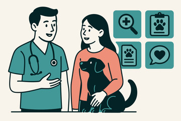 Veterinary Consultation Icons. Modern vector illustration of vet talking to pet owner and consultation icon set for diagnosis, pet