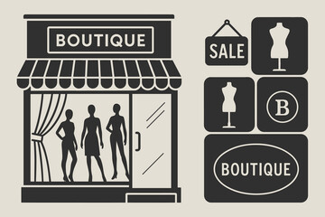 Boutique Display Icon Set. Vector banner featuring boutique window display and storefront icon set for sale sign, mannequin poses,