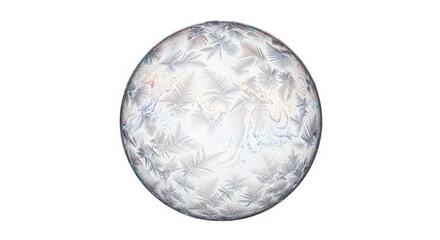A perfectly round sphere covered in intricate ice crystal patterns, isolated on white background