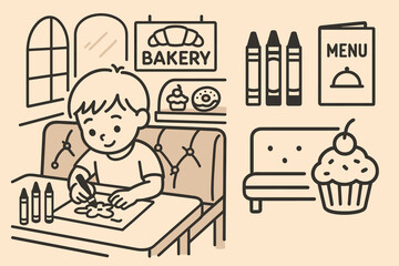 Child Coloring at Bakery. Vector strip showing child coloring at bakery table and family-friendly icon set for crayons, menu, soft