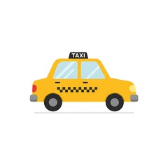 Fototapeta premium A simple, flat illustration of a yellow taxi cab with a black checkered pattern on its side and a taxi sign on top.
