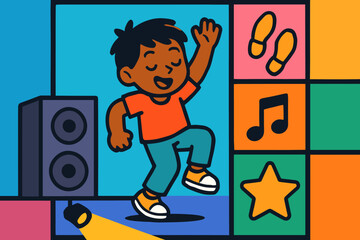 Dance and Music Fun. Colorful vector panel with child dancing near speakers and dance icon set for feet icon, music note,