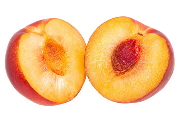 A peach is cut in half and the inside is shown