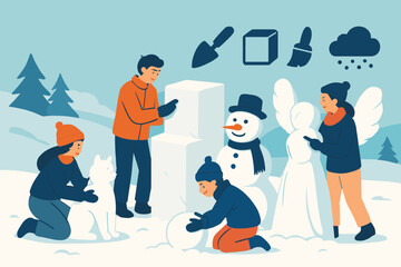 Snow Sculpture Creation. Flat vector banner with group making snow sculptures and art icon set for tools, shape icons, detail