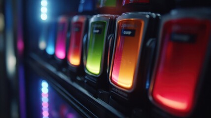 Closeup medium shot of a beverage vending machines illuminated selection panel highlighting colorful drink options with a softly blurred surrounding environment.