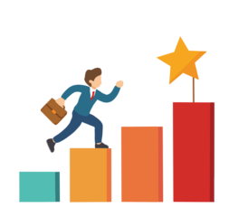 Cartoon businessperson climbing bar graph toward golden star – symbolic illustration of career growth, achievement, success, and goal setting in professional or personal development