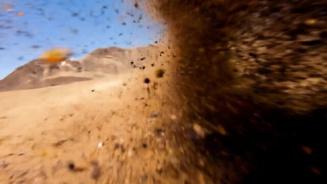 Dynamic desert windstorm kicks up powerful sand plumes across arid landscape under clear blue sky