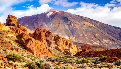 A vibrant landscape of an imposing mountain range, and striking reddish-brown rock formations