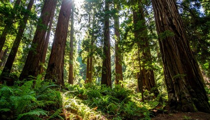 Sunlight filters through towering redwood trees
