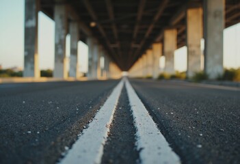 Toll lane line and wheel stop under a bridge structure