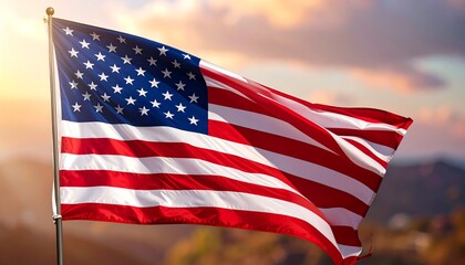 American flag waving in sunset
