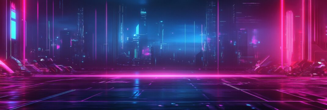 Vibrant futuristic cityscape illuminated with neon lights showcasing advanced technology and a digital ambiance