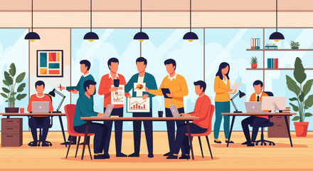 Diverse business team collaborating and working productively in a modern, open-plan office. Ideal for concepts of teamwork, innovation, and professional success.