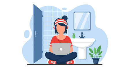 Focused person in headphones using laptop in a modern bathroom, illustrating remote work, online learning, or digital lifestyle from home.