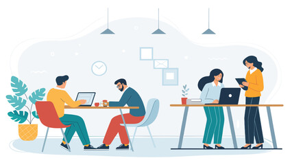 Business team collaborating in a modern office, working on laptops and tablets. Showcases teamwork, innovation, and productivity in a corporate setting.