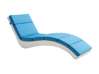 Modern outdoor chaise lounge chair with blue cushions and white rattan frame, weather-resistant patio furniture isolated on transparent background