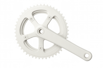 White bicycle crankset spinning, showcasing mechanical details against transparent background, highlighting cycling components