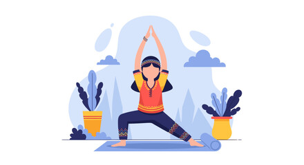 Woman in a vibrant outfit practicing yoga in a serene setting with potted plants. Illustrates wellness, mindfulness, and a healthy lifestyle.