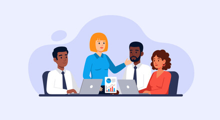 Diverse business professionals collaborate in a meeting, analyzing data on laptops and discussing strategy. Symbolizes teamwork, corporate success, and innovation.