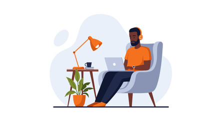 Relaxed African American man working on laptop from home with headphones. Ideal for remote work, online education, or modern casual lifestyle.