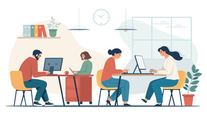 Diverse professionals diligently work on computers and laptops in a modern, collaborative office environment. Ideal for business, technology, and productivity themes.