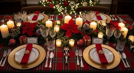 Festive Dining Table: A beautifully set table, adorned with seasonal decorations, creates a warm and inviting atmosphere for a special Christmas meal.
