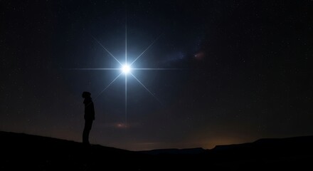 Celestial Wonder: A solitary figure gazes upwards, marveling at the radiant spectacle of a bright star in the night sky, evoking a sense of awe and contemplation. 